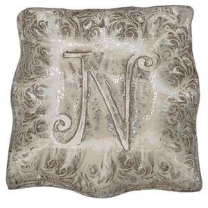 Pottery INITIAL PLATE N Hand Made By Jenni Hillman Beige Tan  Platter Serveware